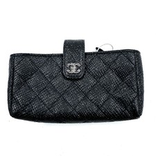 HJ201 Chanel Black Shimmering Quilted Leather CC Phone Pouch Authentic
