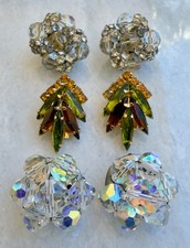Vintage Clip-On Earrings Lot - 3 Pairs Rhinestone Crystal Cluster AB Navette