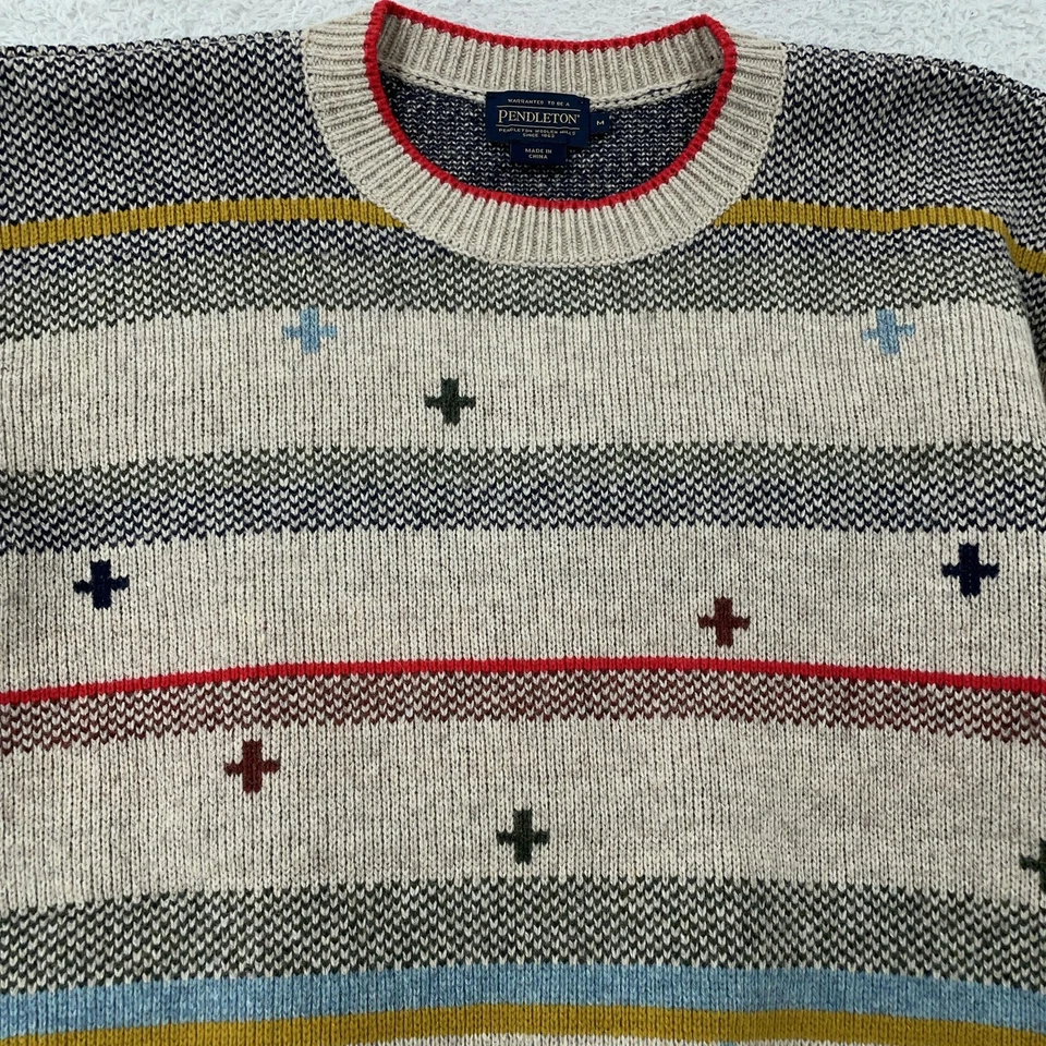Suéter Pendleton Para Hombre Medio Bronceado Multi Rayas Cruz Cuello Redondo Mezcla Lana de Cordero Foto 2 de 4