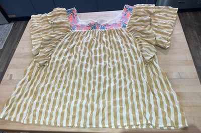 Mustard Yellow White Stripe Embroidered Square Neck Flutter Oversized Top L