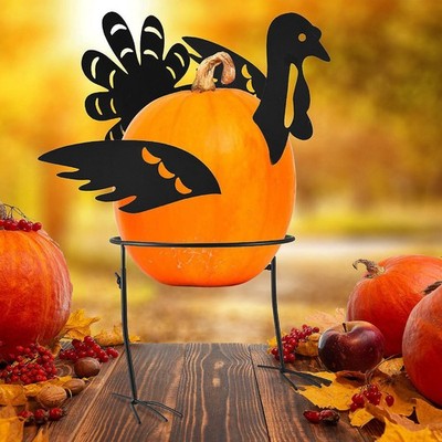 Turkey Themed Pumpkin Holder - Metal Outdoor Yard Decoration for Thanksgiving