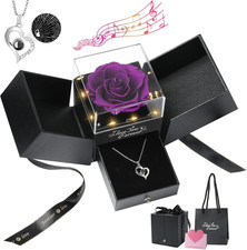 Preserved Rose Gifts for Women, Eternal Flower Rose Box with Heart Necklace, Rom