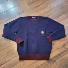 Vintage Men  s Ralph Lauren Polo Crest 100 Wool Navy  Burgundy Sweater Adult M