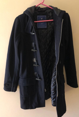 American Eagle Pea Coat Toggle Wool Blend Black Hooded Pockets  Vtg For Women