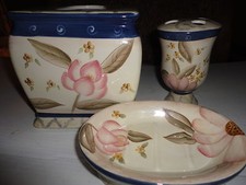 HOME INTERIORS LOTUS BLOSSOM TISSUE SOAP TOOTHBRUSH BLUE PINK GREEN 3PC FLORAL