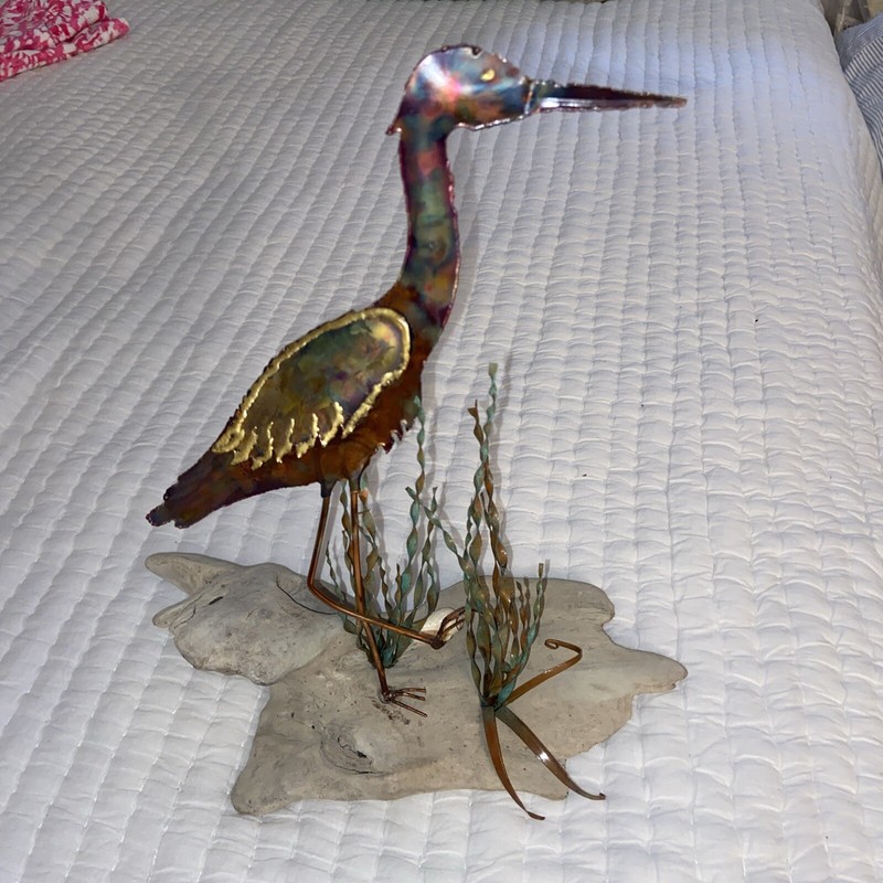 VTG Mid Century MODERN COPPER Crane Bird METAL SCULPTURE Driftwood Base 12”