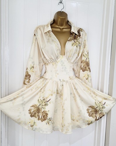 ASOS DESIGN fit abito corto svasato raso panna oliva corsetto floreale taglia 12 drappeggio