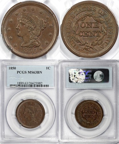 1850 1c Braided Hair Large Cent PCGS MS 63 BN - Picture 5 of 5