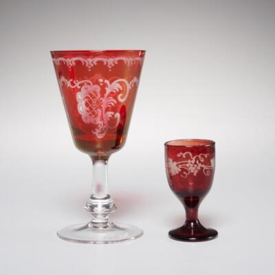 Bohemian Ruby Red Cranberry Cut to Clear Etched Wine Cordial Glass Pair 3'' 5.75''