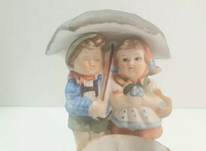 Candle Holder Boy Girl with Umbrella Wishing Well Ceramic Porcelain WA Vintage 