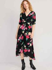 Old Navy Maxi Dress Half Sleeve Rushed Hi-Lo Hem MEDIUM NWT Black Floral
