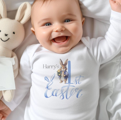 Personalisiertes Ostern blau Hase Baby Strampler Lätzchen Set, hochwertige Kleinkind Kleidung