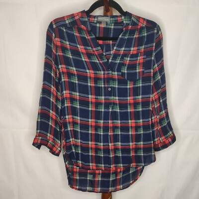 Market & Spruce women's size S tunic multicolor plaid v-neck 3/4 sleeve high-low