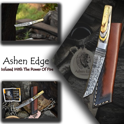 Ashen Edge Forged Twist Damascus Tanto Knife Hard Wood Closeout Steel Bolster