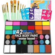 Face Paint Kit 42 Water Based Non Toxic with face paint Colors 16 Glitters, 32