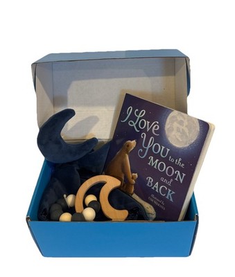 Unisex Baby Shower Box, I Love You to the Moon & Back book, Moon Lovey & Teether