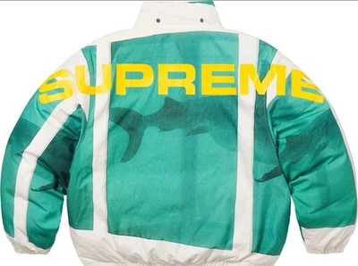 Supreme Damien Hirst Down Puffer Shark Jacket White Blue X-Large