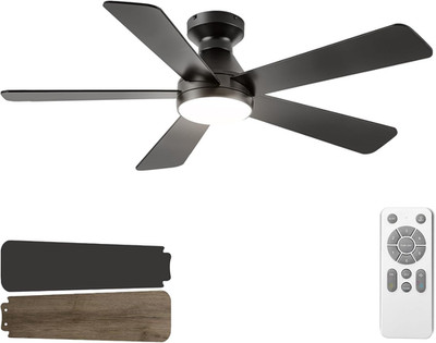 52'' Black Ceiling Fan with Lights & Remote, Dimmable, Quiet, Flush Mount