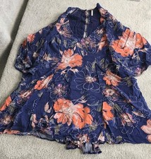 Free People Eyes On You Mini Tunic Dress Navy Boho Floral 3/4 Sleeve sz 2
