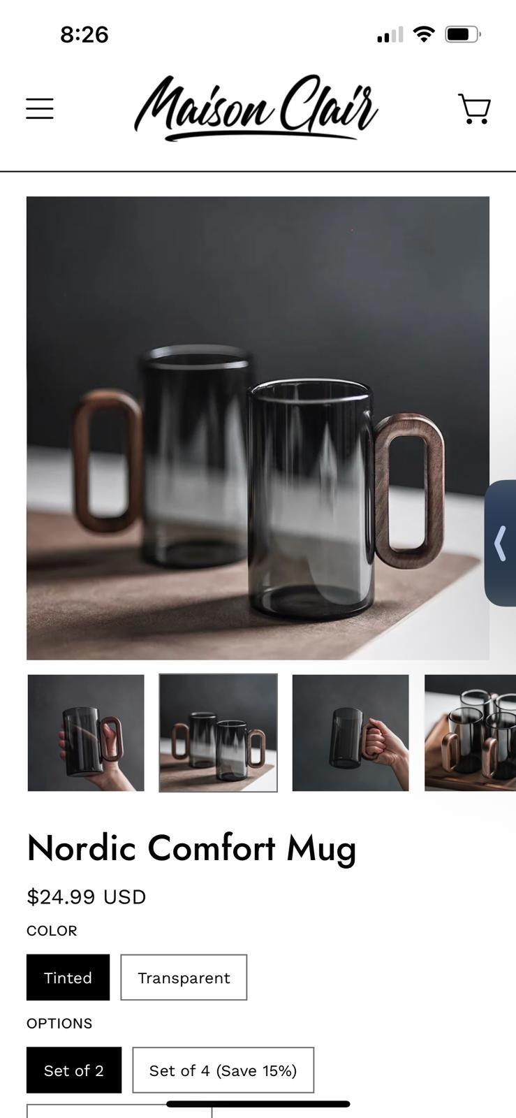 Set of 2 Smoky Glass Mugs with Wooden Handles