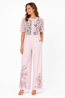 ANEWSTA Pink Lace Pant Set Wide Leg Pants Crochet Lace Top Women's US 10 L