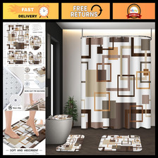 Geometric Brown Shower Curtain Set with Toilet Lid Cover  Non-Slip Rugs - 4 Pcs