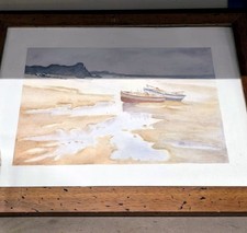Framed Watercolour Painting "Punts on a Cornish Beach Low Water" Unsigned