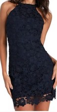 NEW Lulus Love Poem Crochet Mini Dress Sz M Halter Neck Blue Romantic Feminine