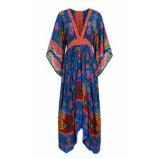 Farm Rio Blue pineapple garden kaftan Maxi Dress medium V-Neck Resortwear boho