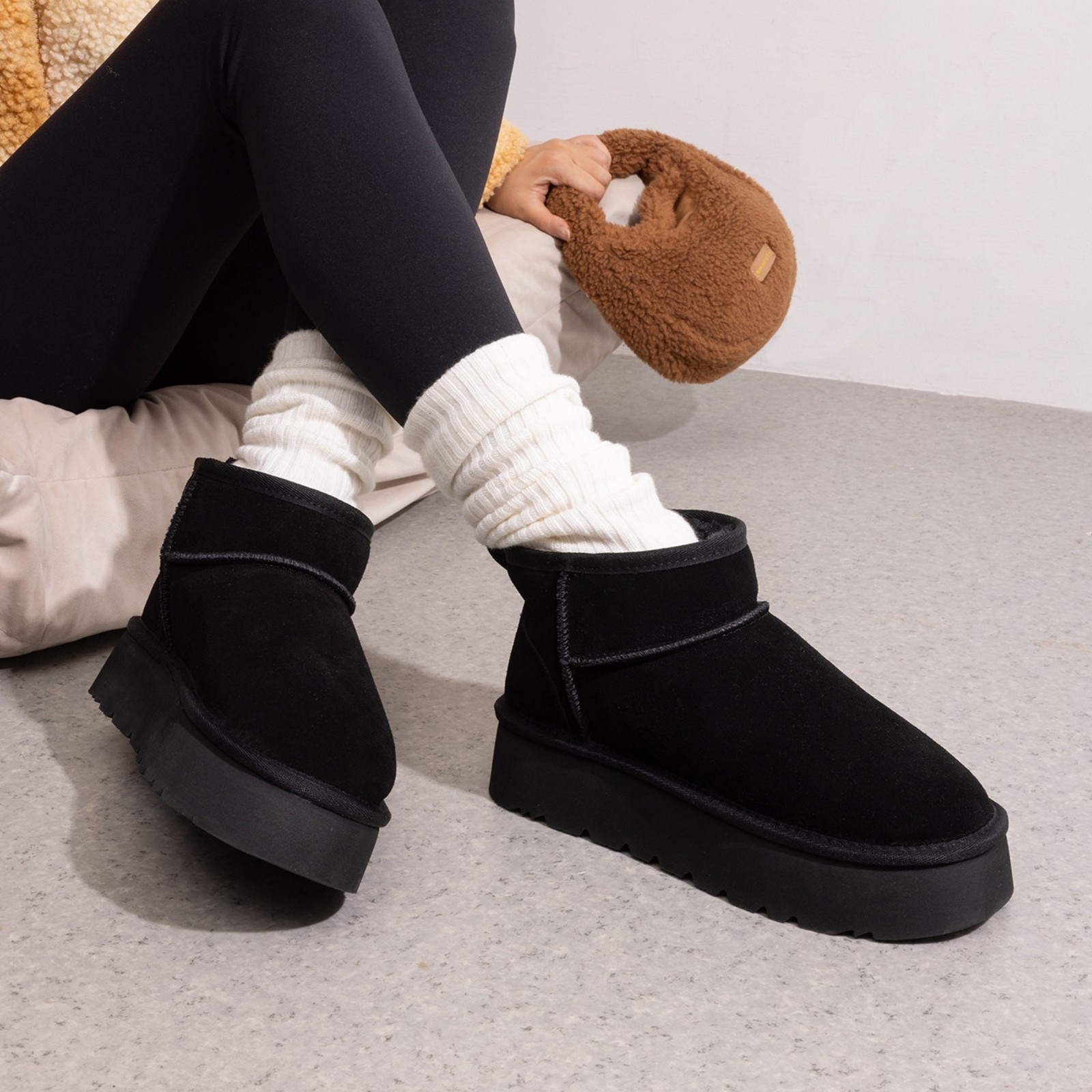 Women Platform Snow Boots Genuine Suede Faux Fur Lining Slip On Ankle Boots