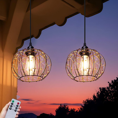 Battery Operated Hanging Chandelier Outdoor, Set of 2 with Remote, No Wiring, Bo
