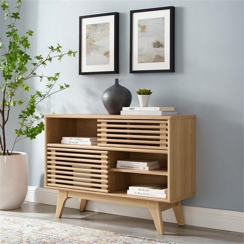Modway Render 59” Modern TV Stand – Walnut Particleboard With Sliding Doors