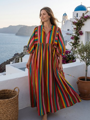 #ad Women#x27;s Cotton Striped Maxi Dress Boho Balloon Sleeve Loose Fit Long Dress $30.00