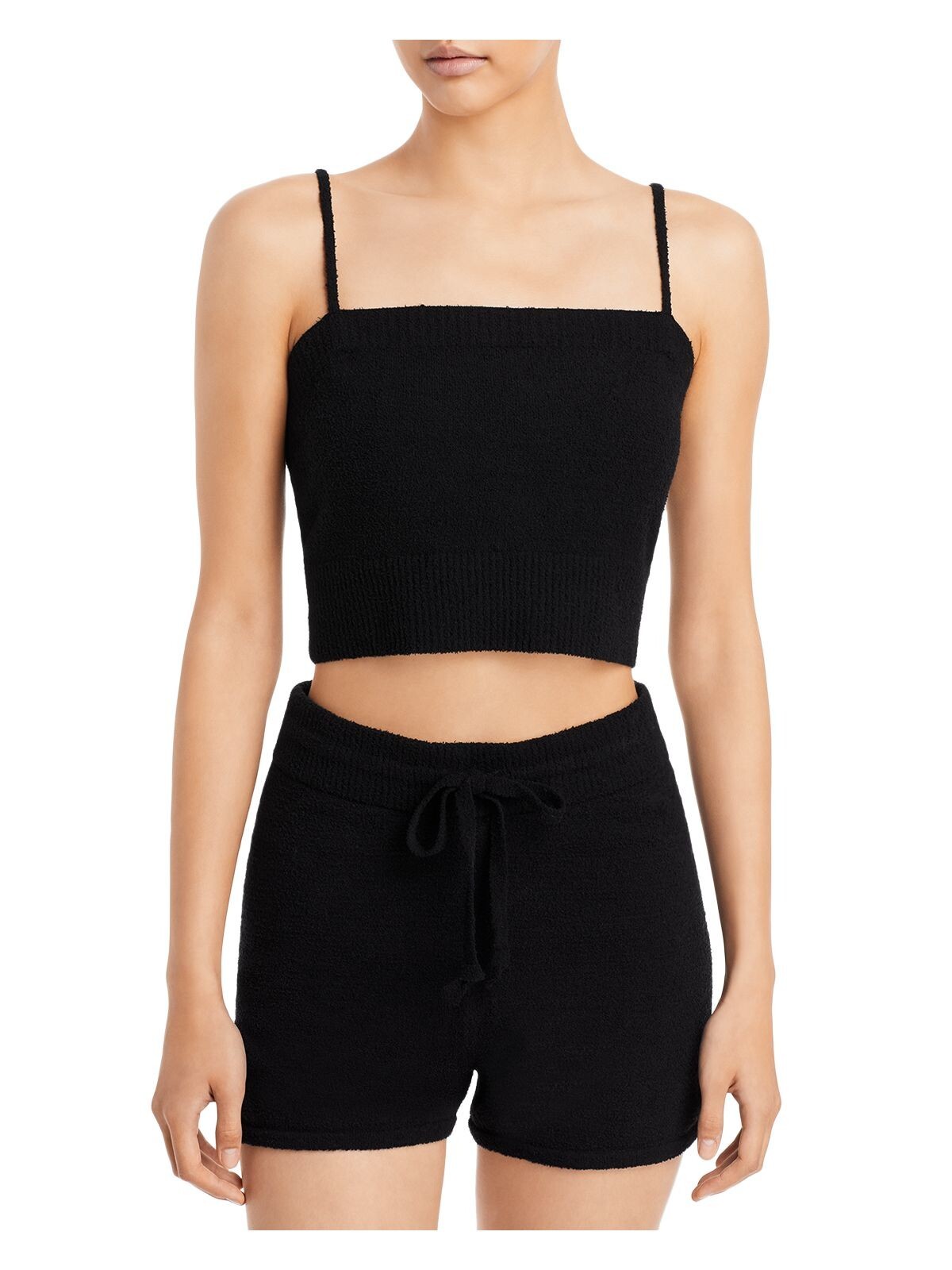AQUA Womens Black Ribbed Square Neck Spaghetti Strap Cami Top Size L