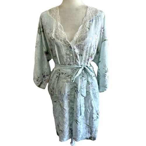 California Dynasty Vtg 90s Light Blue Floral Lace Robe Womens S