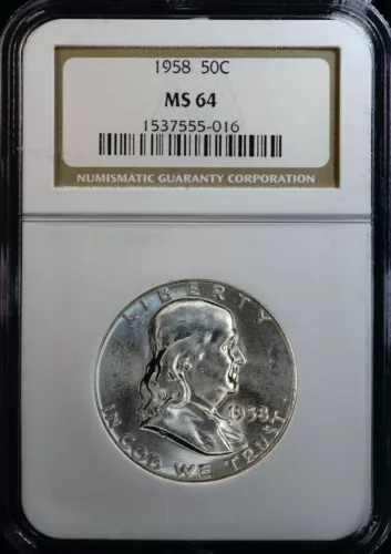 1958 Franklin Half Dollar Silver, UNC, NGC MS64 Type 2, White,  Low Pop  555-016