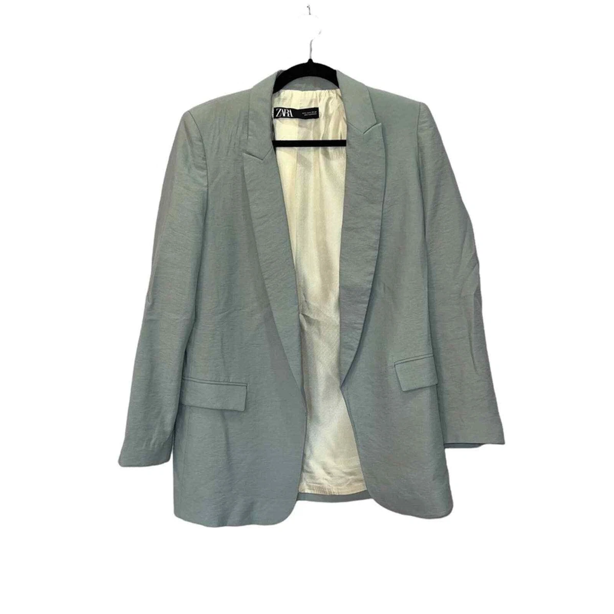 Zara Satin Effect Blazer Open Front Light Baby Blue Pastel Suit Jacket Work S