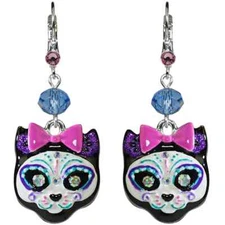 KIRKS FOLLY SUGAR SKULL KITTY HALLOWEEN LEVER BACK EARRINGS IN SILVER TONE
