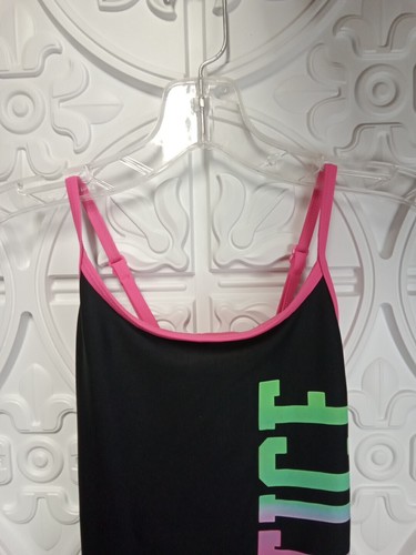 Justice Black One-Piece Swimsuit W/Multicolor Logo Adjustable Straps Size 12 - Picture 3 of 4