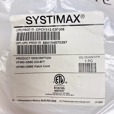 Commscope Systimax CPCF312-03F008 VP360-GS8E-DG-8FT RJ45 Patch Cord