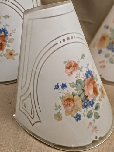 Lot/4 Vintage DECO SLIP SHADES ~ Frosted Glass w/Reverse Painted Florals - Picture 6 of 8