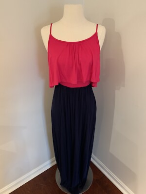 12PM by Mon Ami  Maxi Dress Sz S Navy Pink Color Block Ruffle Top Spaghetti Stra