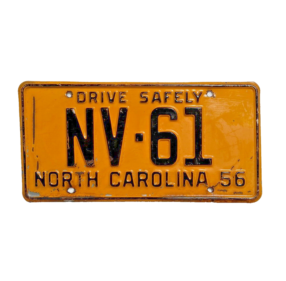 1956 North Carolina NC License Plate NV-61 Original Vintage Condition