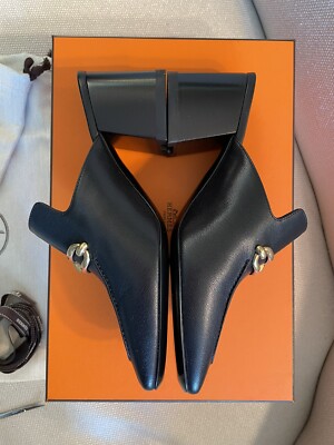 $1225 NEW HERMES PARIS GISELE MULE HEEL SLIDE PUMP BLACK GOLD 35