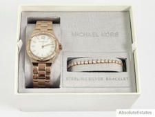 NEW Michael Kors Lennox Rose Gold Watch Glitz Sterling Bracelet Gift Set MK1053