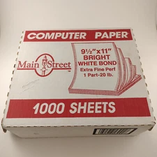 Office Computer Paper Blank 20 lb Bright Bond 9 1/2”x11” 1000 Tractor Continuous