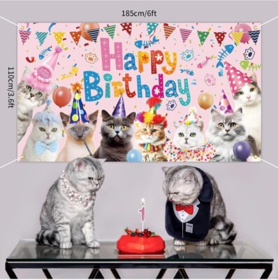 Avezano Cat Happy Birthday Backdrop - 70.8x43.3 Inch Pet Paw Theme Party Decor, Photo Booth Banner With Hanging Rope