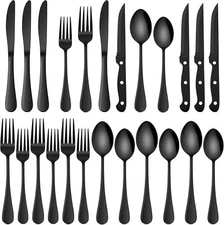 24-Piece Black Silverware Set with Steak Knives, Flatware for 4, Food-Grade Stai