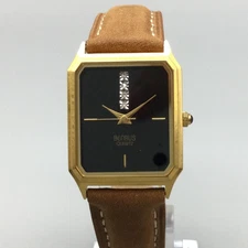 Benrus Watch 26mm Gold Tone Rectangular Black Dial Leather New Battery