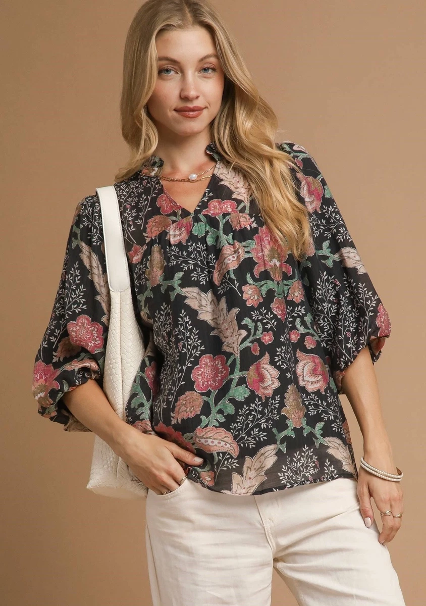 Tunique UMGEE Pour Femme, Taille S, Noir à Dos Fleuri - Manches Courtes, Bohème Chic